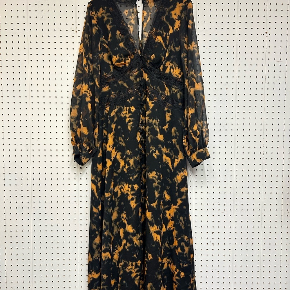 Top Shop Abstract Floral Elegant Black and Orange Maxi Dress - Picture 2 of 9